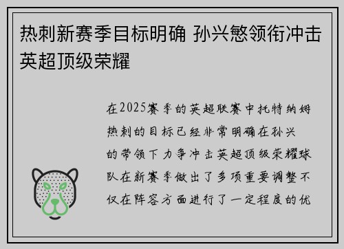 热刺新赛季目标明确 孙兴慜领衔冲击英超顶级荣耀