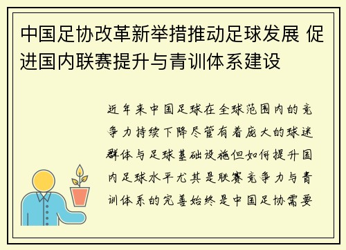中国足协改革新举措推动足球发展 促进国内联赛提升与青训体系建设